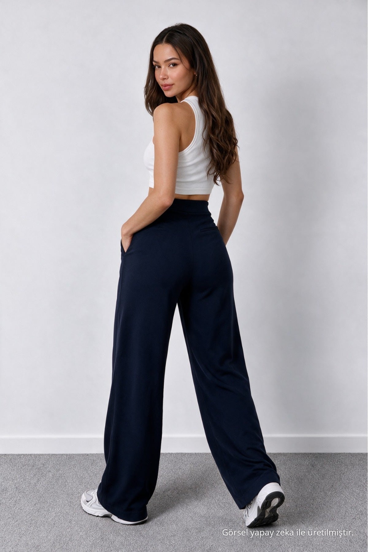 Women's Navy Blue Lycra Palazzo Loose Wide Leg Trousers - MALLTURK