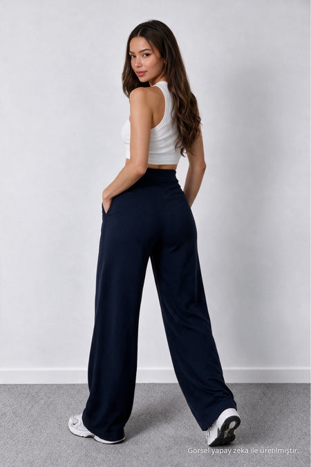 Women's Navy Blue Lycra Palazzo Loose Wide Leg Trousers - MALLTURK