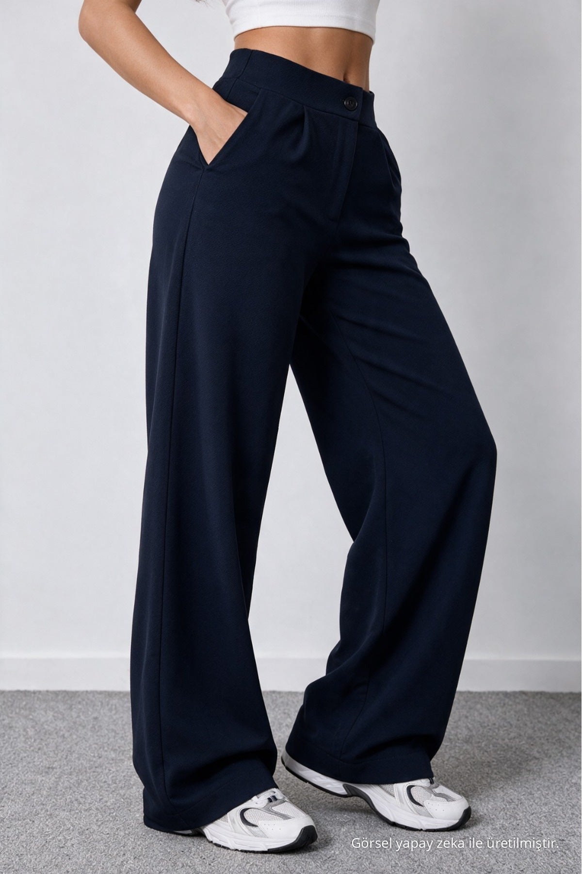 Women's Navy Blue Lycra Palazzo Loose Wide Leg Trousers - MALLTURK