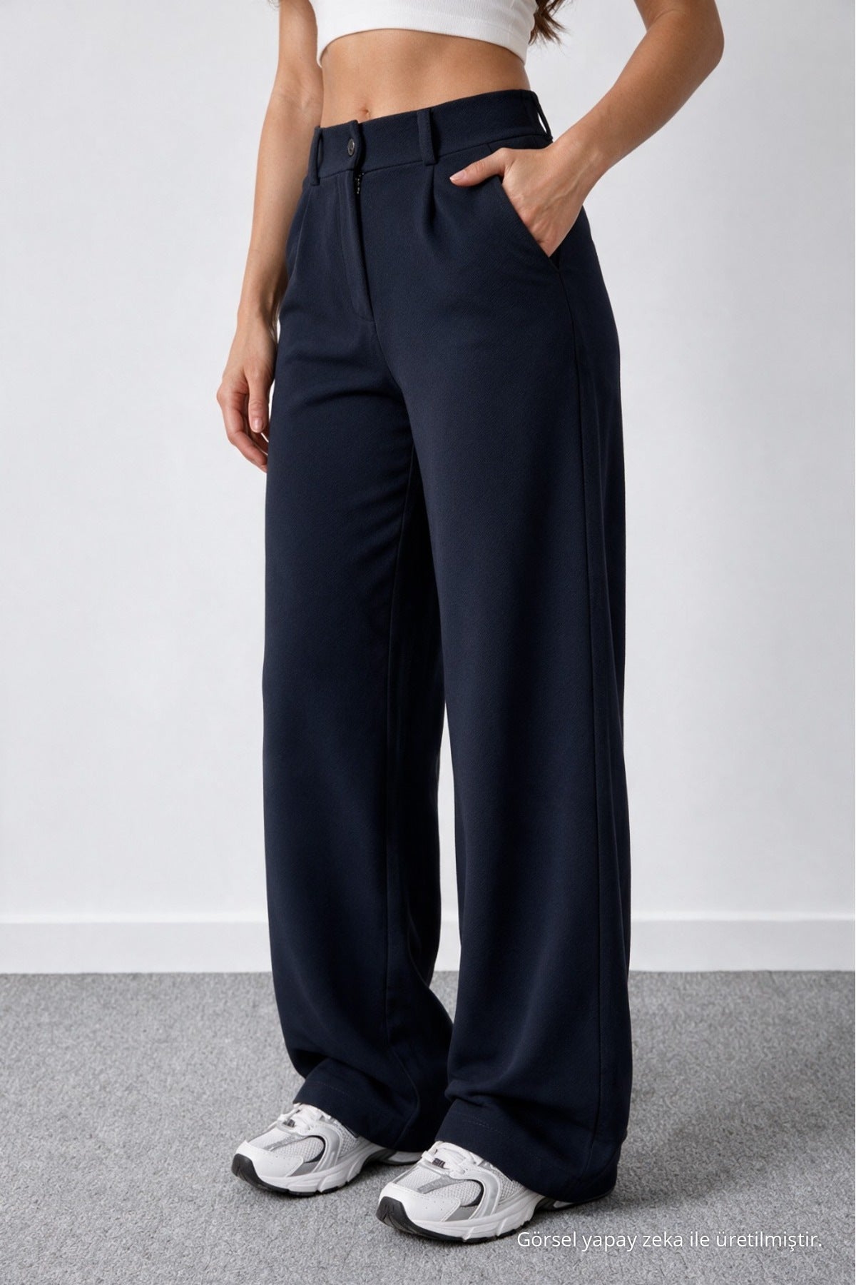 Women's Navy Blue Lycra Palazzo Loose Wide Leg Trousers - MALLTURK