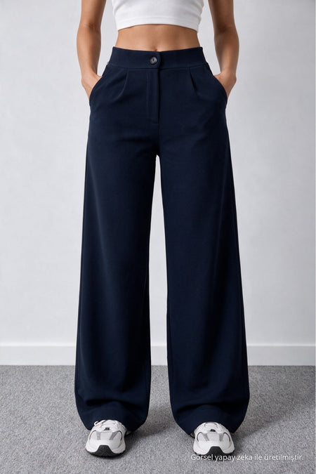 Women's Navy Blue Lycra Palazzo Loose Wide Leg Trousers - MALLTURK