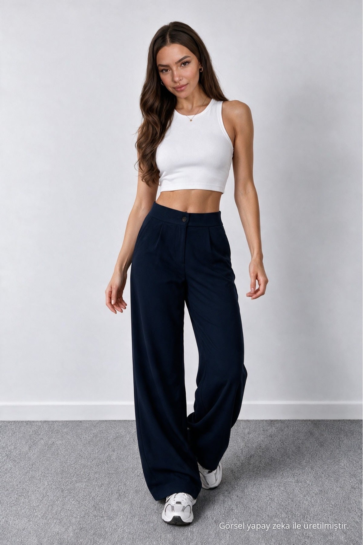 Women's Navy Blue Lycra Palazzo Loose Wide Leg Trousers - MALLTURK