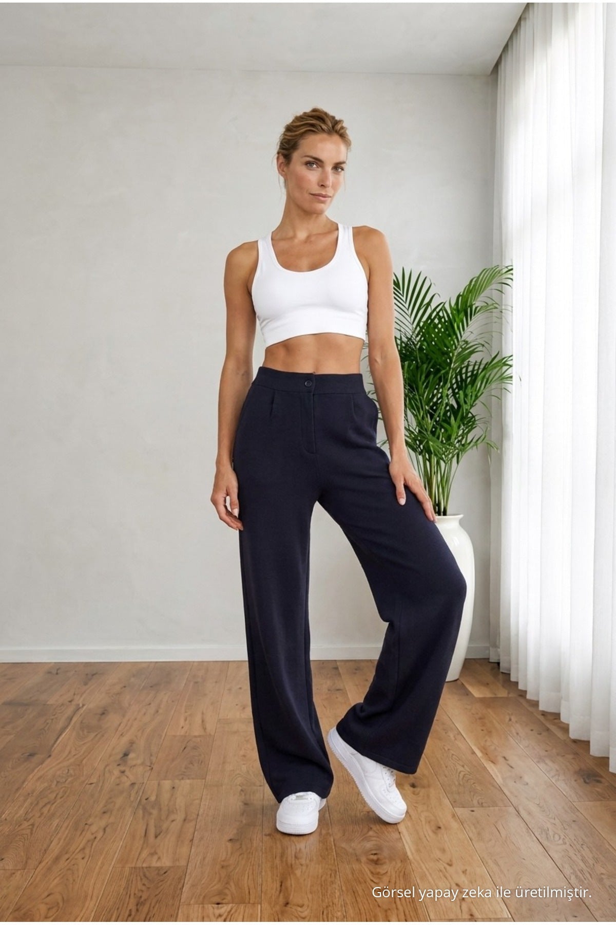 Women's Navy High Waist Loose Fit Lycra Wide Leg Palazzo Pants - MALLTURK