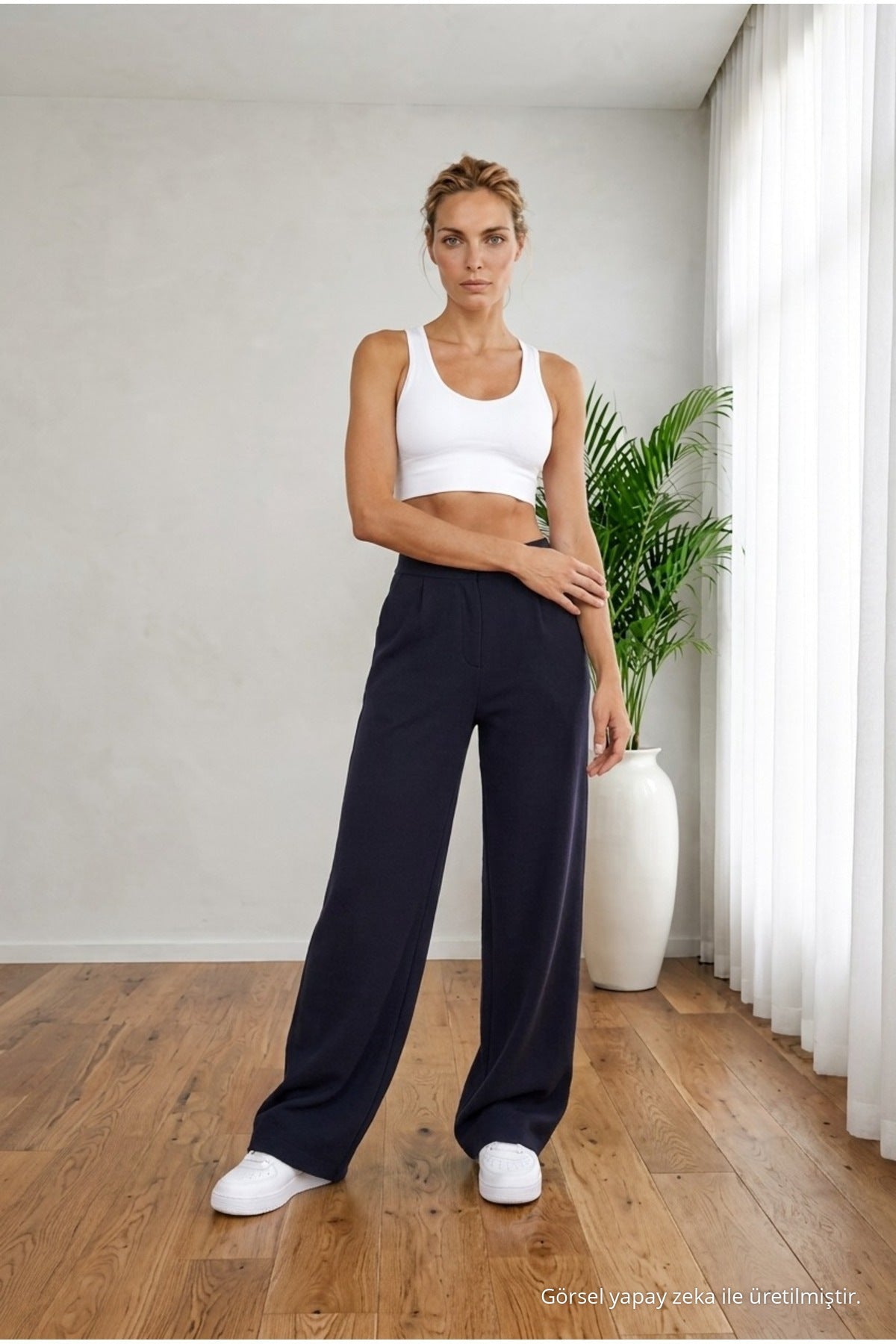 Women's Navy High Waist Loose Fit Lycra Wide Leg Palazzo Pants - MALLTURK