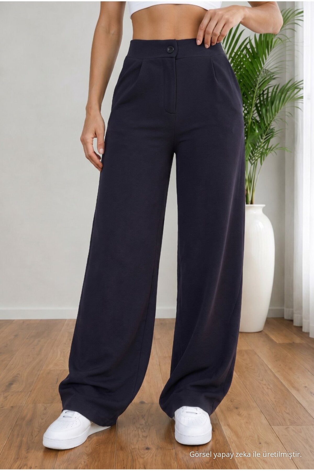 Women's Navy High Waist Loose Fit Lycra Wide Leg Palazzo Pants - MALLTURK