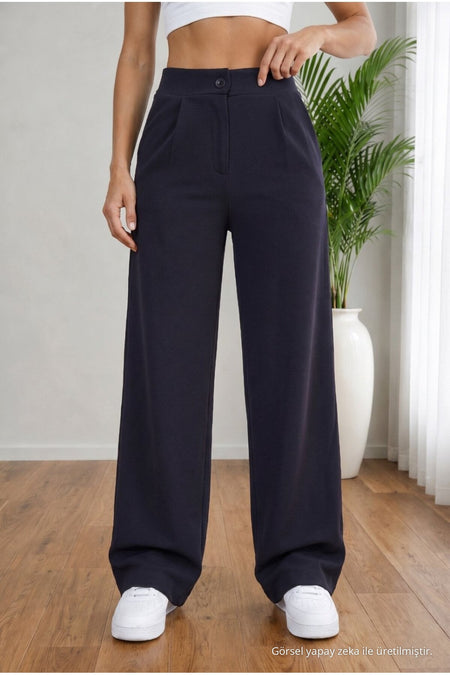 Women's Navy High Waist Loose Fit Lycra Wide Leg Palazzo Pants - MALLTURK