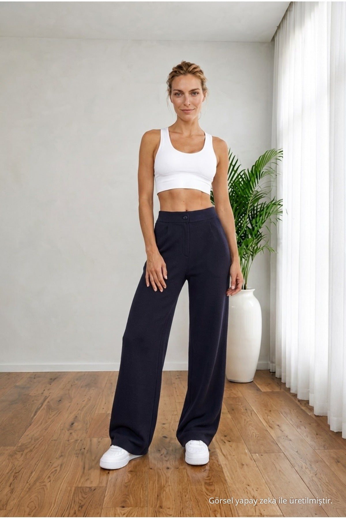 Women's Navy High Waist Loose Fit Lycra Wide Leg Palazzo Pants - MALLTURK