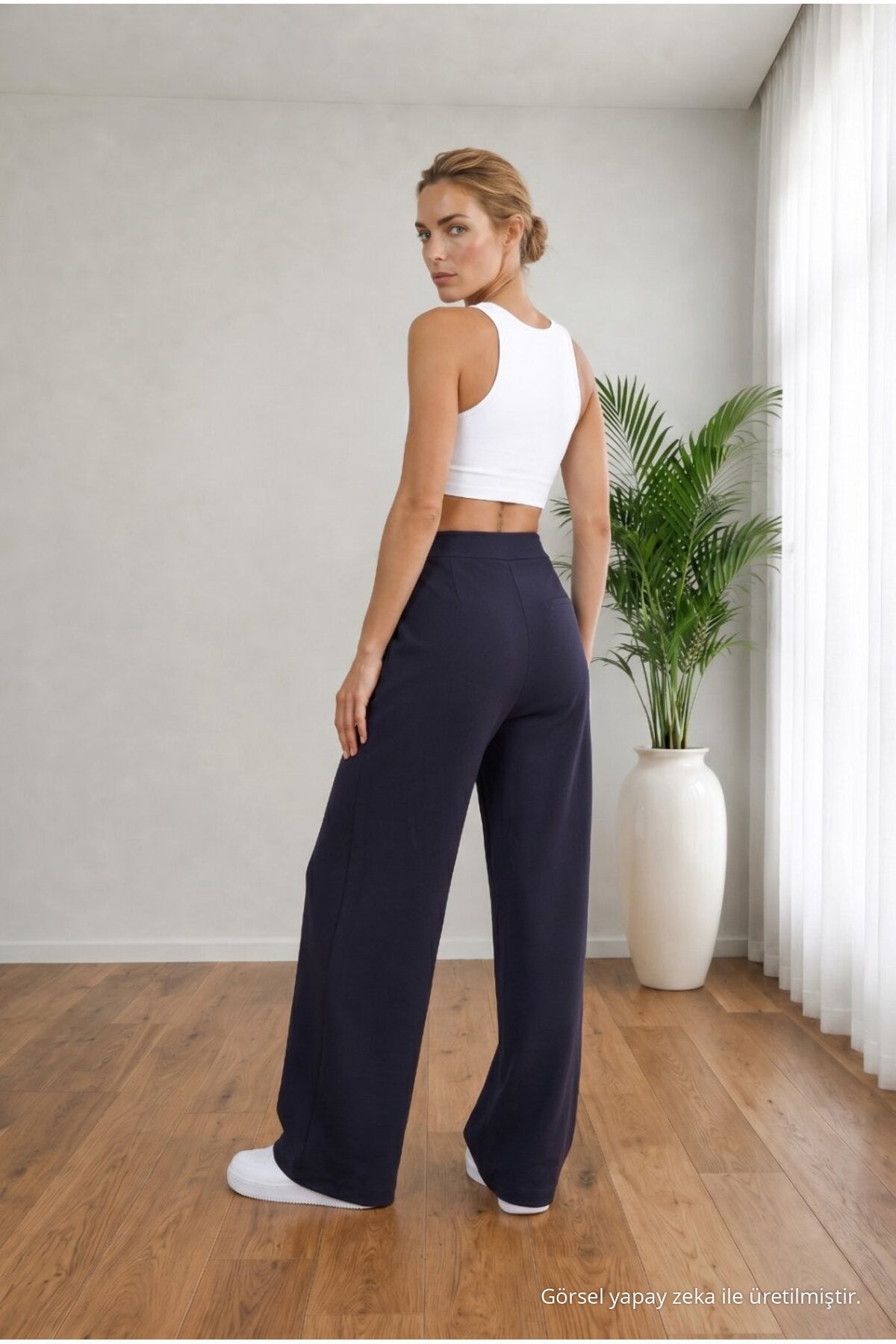 Women's Navy High Waist Loose Fit Lycra Wide Leg Palazzo Pants - MALLTURK