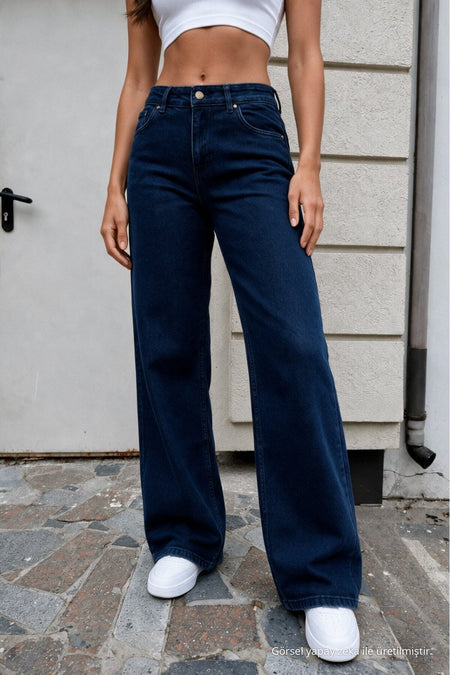 Women's Navy Wide Leg High Waist Jeans - MALLTURK