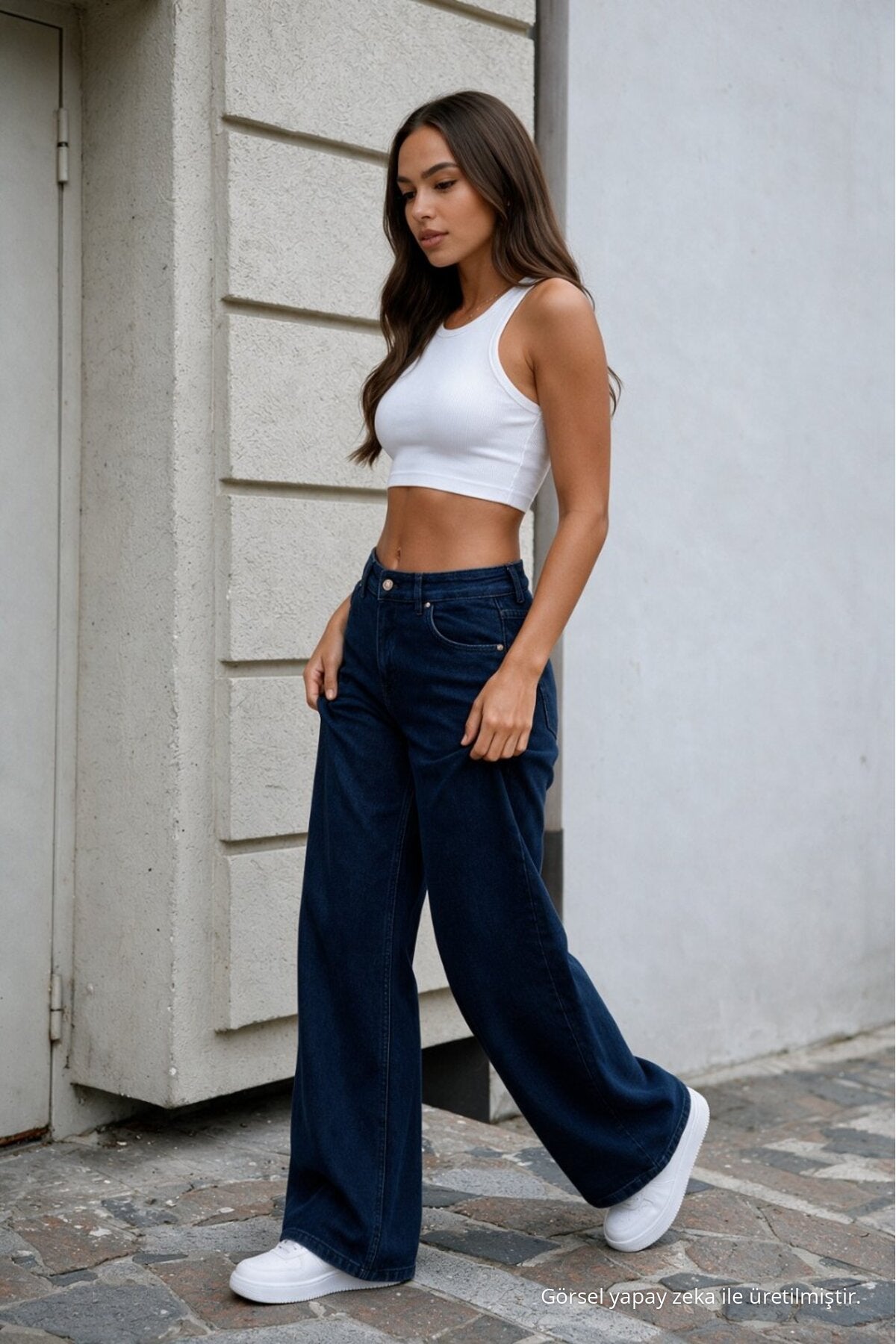 Women's Navy Wide Leg High Waist Jeans - MALLTURK
