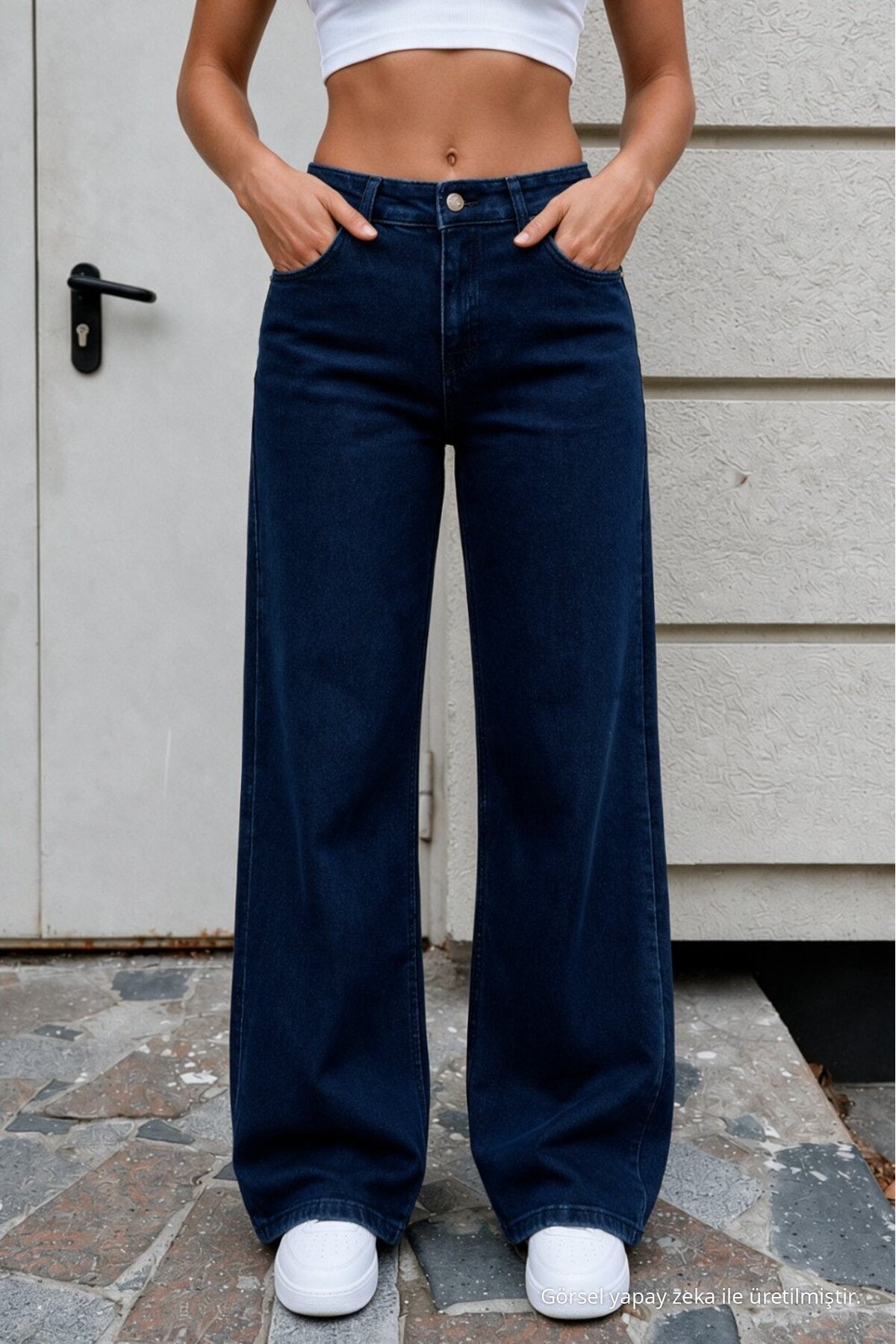 Women's Navy Wide Leg High Waist Jeans - MALLTURK
