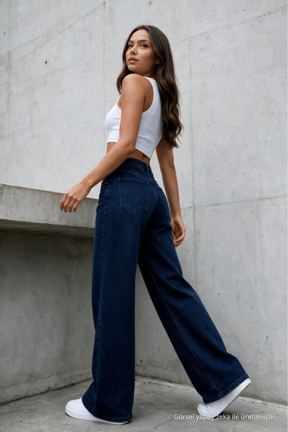 Women's Navy Wide Leg High Waist Jeans - MALLTURK