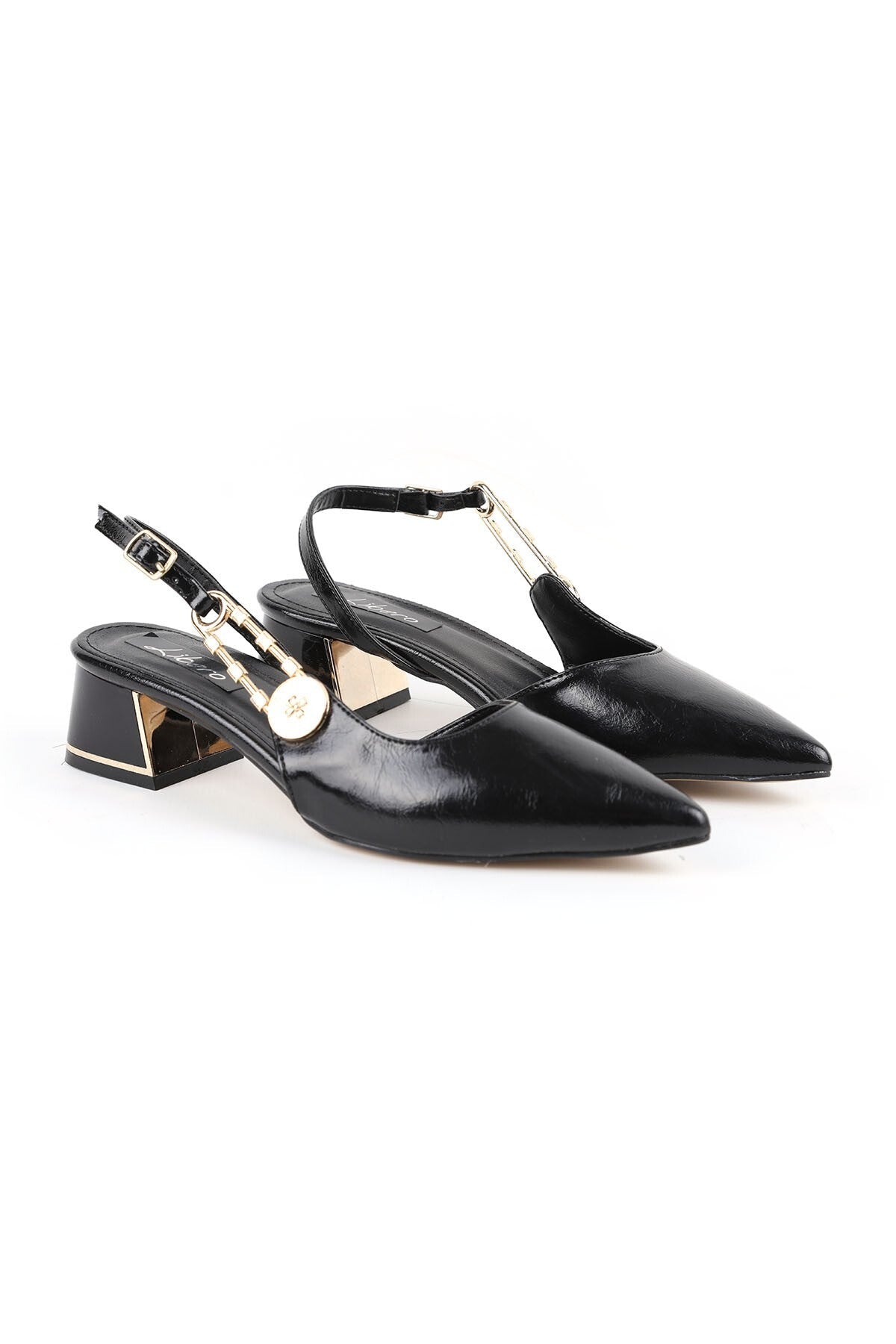 Women's Patent Leather Heeled Shoes Pointed Toe Buckle Detailed Thick Heel Slingback Office Classic L085.K1002 - MALLTURK