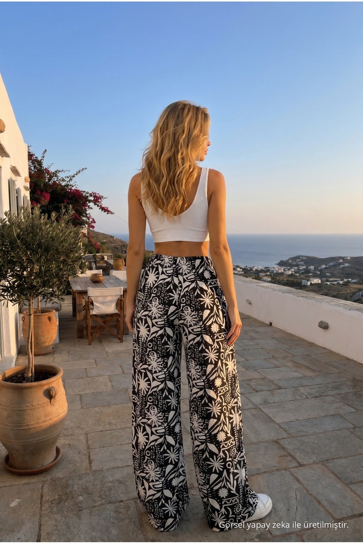 Women's Patterned High-Waisted Summer Fabric Pants with Elastic Waistband, Black - MALLTURK