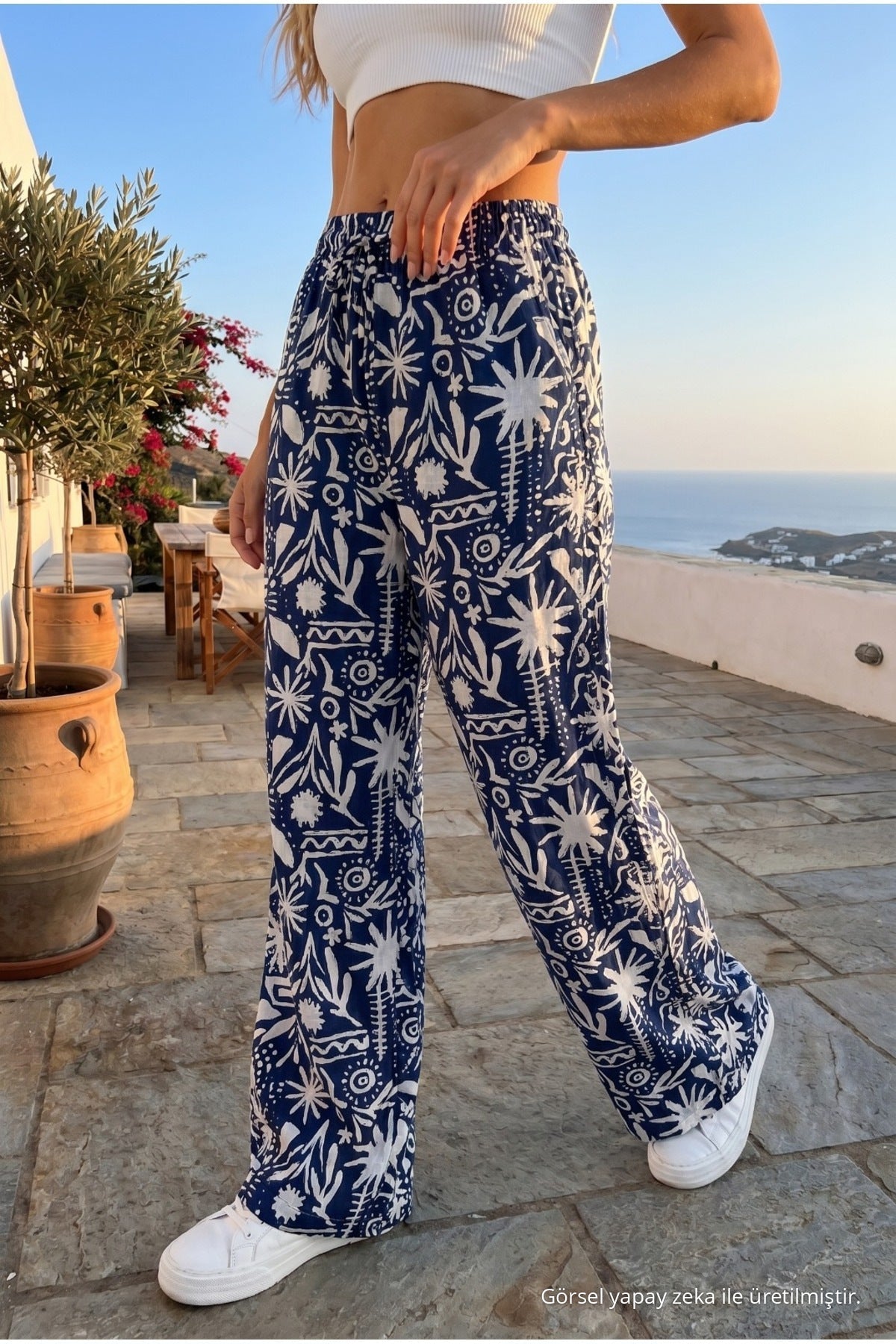 Women's Patterned High-Waisted Summer Fabric Pants with Elastic Waistband, Blue - MALLTURK