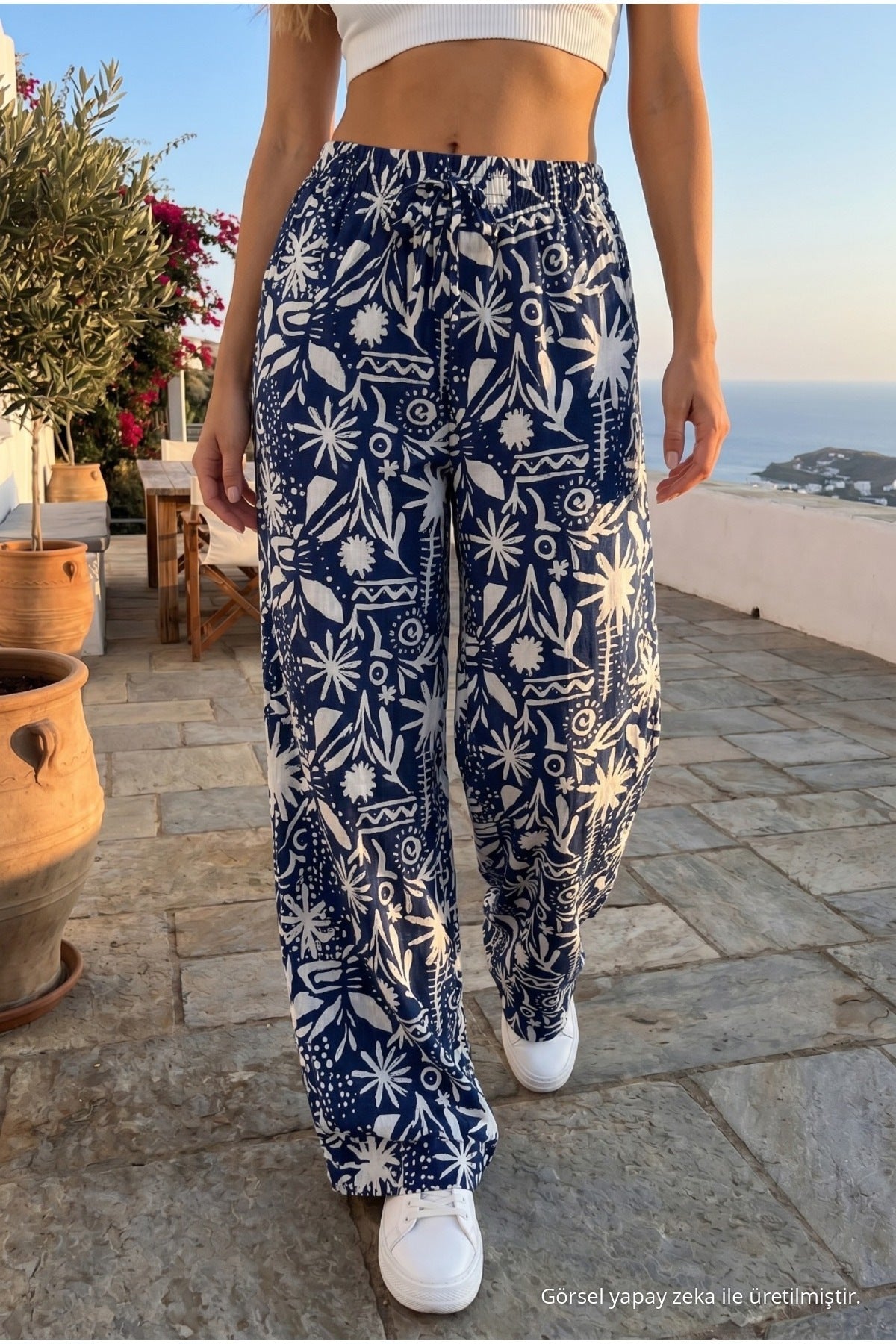 Women's Patterned High-Waisted Summer Fabric Pants with Elastic Waistband, Blue - MALLTURK