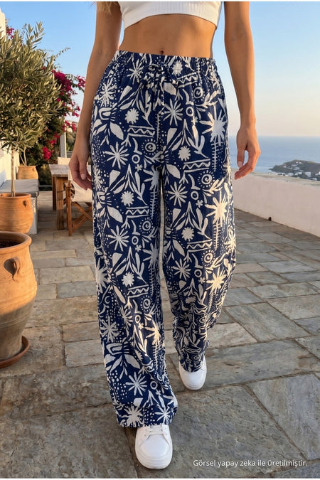 Women's Patterned High-Waisted Summer Fabric Pants with Elastic Waistband, Blue - MALLTURK