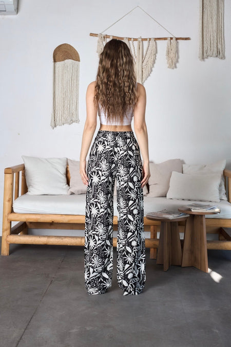 Women's Patterned High-Waisted Viscose Fabric Pants with Elastic Waistband, Black - MALLTURK