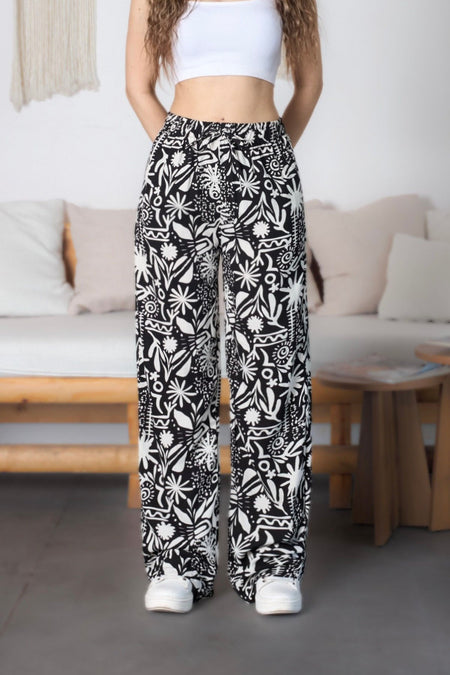 Women's Patterned High-Waisted Viscose Fabric Pants with Elastic Waistband, Black - MALLTURK