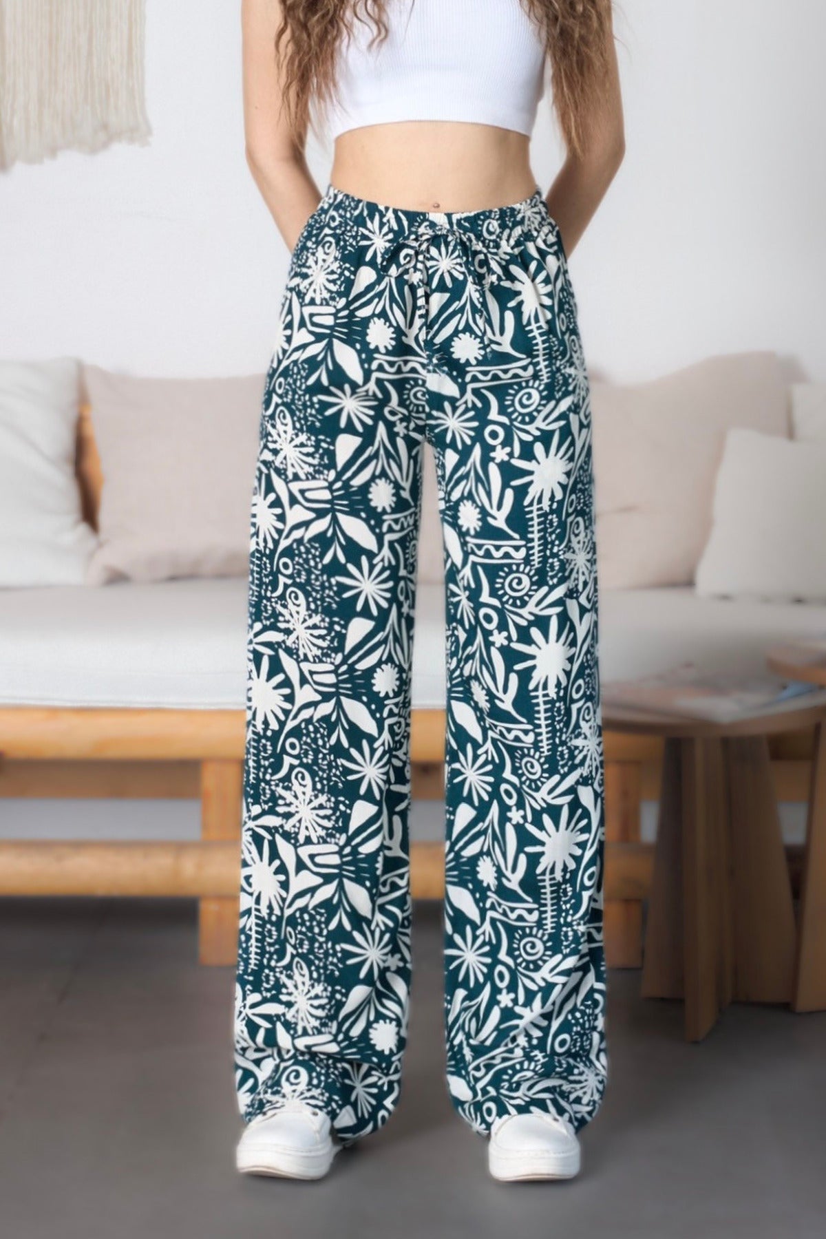 Women's Patterned High-Waisted Viscose Fabric Pants with Elastic Waistband, Green - MALLTURK