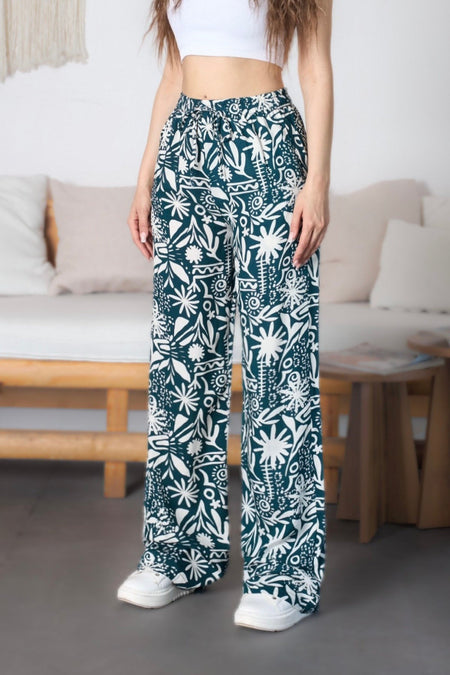 Women's Patterned High-Waisted Viscose Fabric Pants with Elastic Waistband, Green - MALLTURK