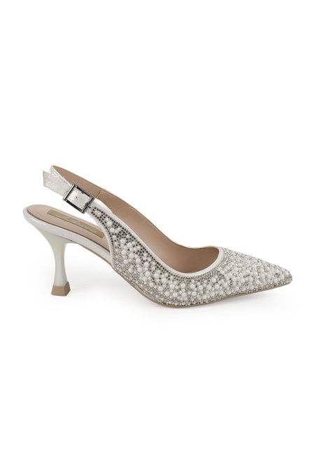 Women's Pearl and Stone Heeled Shoes Pointed Toe Thin Goblet Heel Slingback Stylish Evening Dress L085.K406/1 - MALLTURK