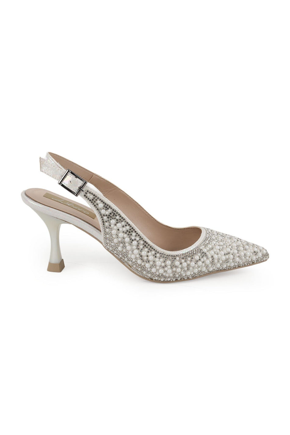Women's Pearl and Stone Heeled Shoes Pointed Toe Thin Goblet Heel Slingback Stylish Evening Dress L085.K406/1 - MALLTURK