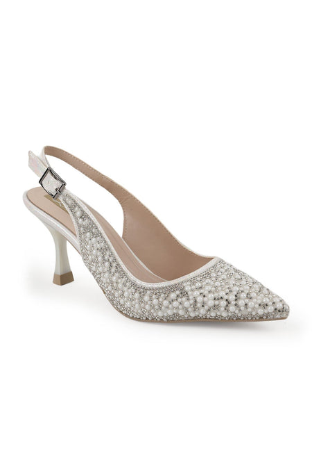 Women's Pearl and Stone Heeled Shoes Pointed Toe Thin Goblet Heel Slingback Stylish Evening Dress L085.K406/1 - MALLTURK