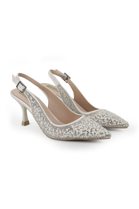 Women's Pearl and Stone Heeled Shoes Pointed Toe Thin Goblet Heel Slingback Stylish Evening Dress L085.K406/1 - MALLTURK