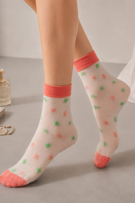 Women's Pink Striped Neon Star Patterned Transparent Tulle Socks - MALLTURK