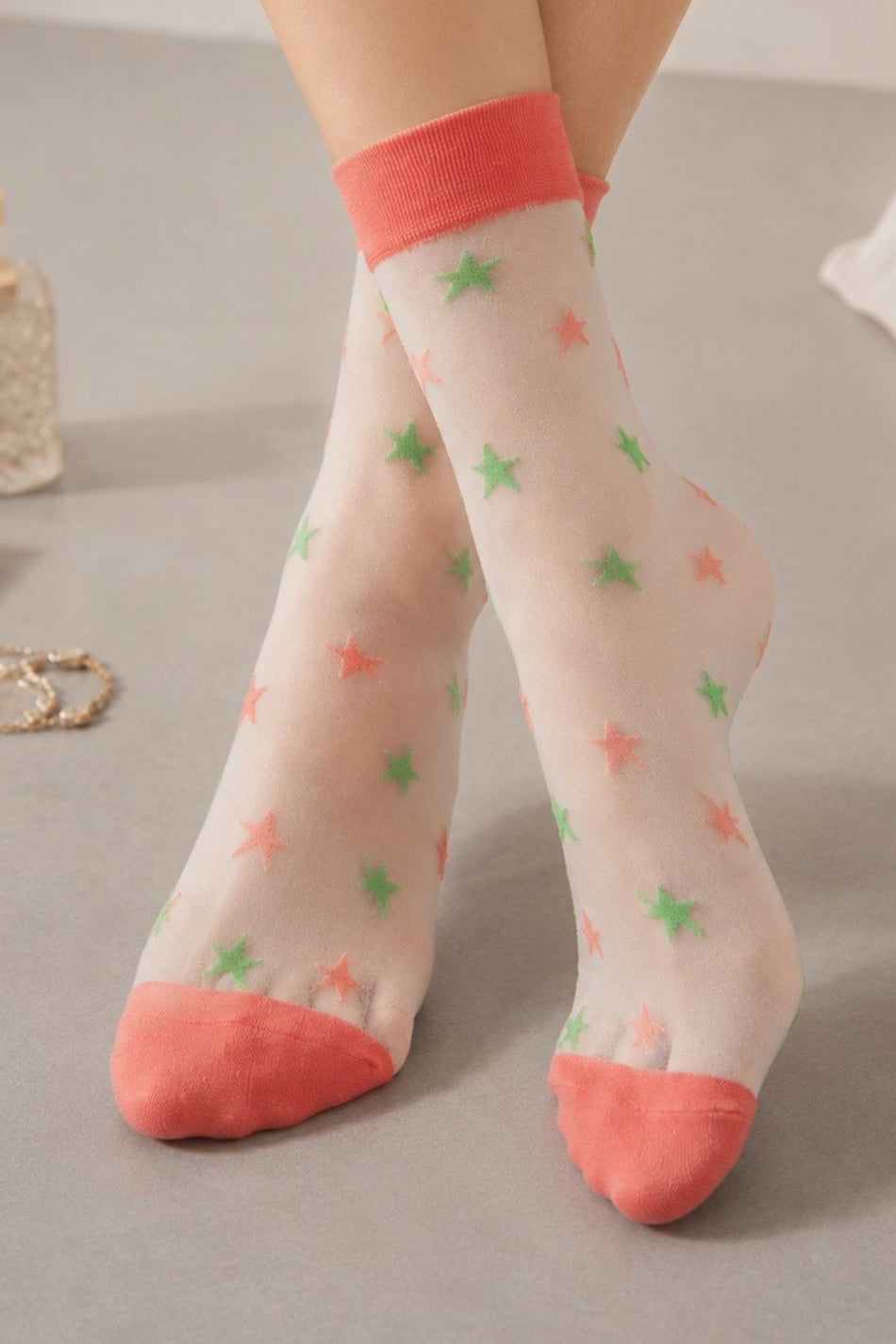 Women's Pink Striped Neon Star Patterned Transparent Tulle Socks - MALLTURK