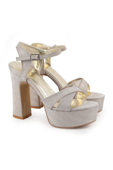 Women's Platform Heeled Sandals Sparkly Glitter Cross Strap Thick Block Heel Evening Dress Bridal Henna Shoes - MALLTURK