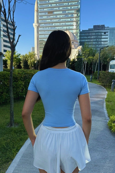 Women's Printed Lycra Crew Neck Crop T-Shirt Blue - MALLTURK