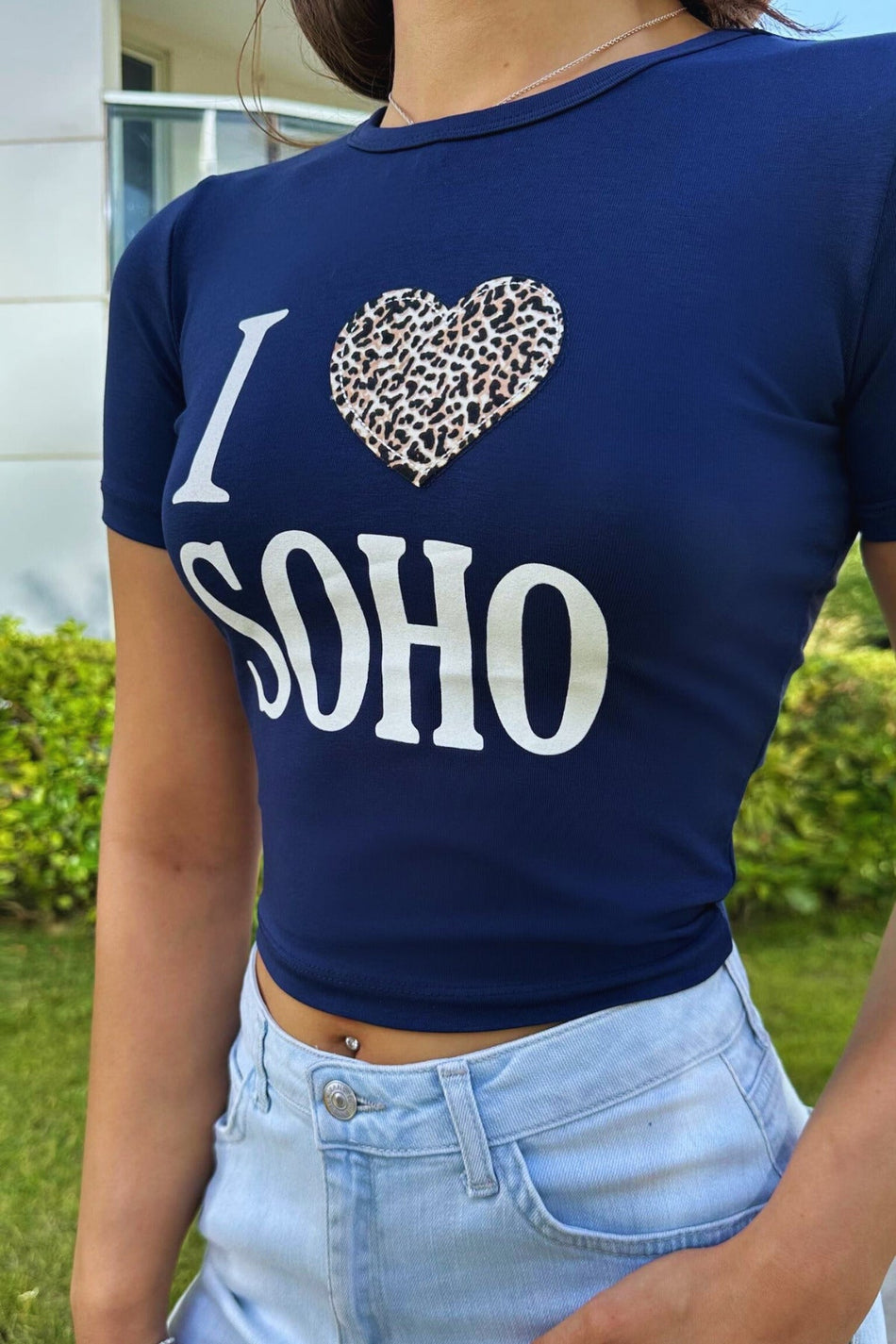 Women's Printed Lycra Crew Neck Crop T-Shirt Navy Blue - MALLTURK