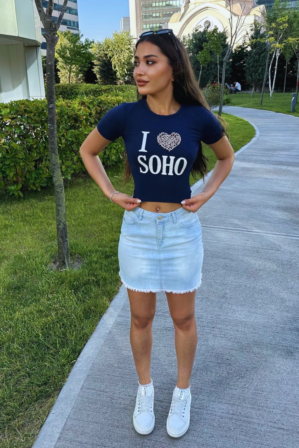Women's Printed Lycra Crew Neck Crop T-Shirt Navy Blue - MALLTURK