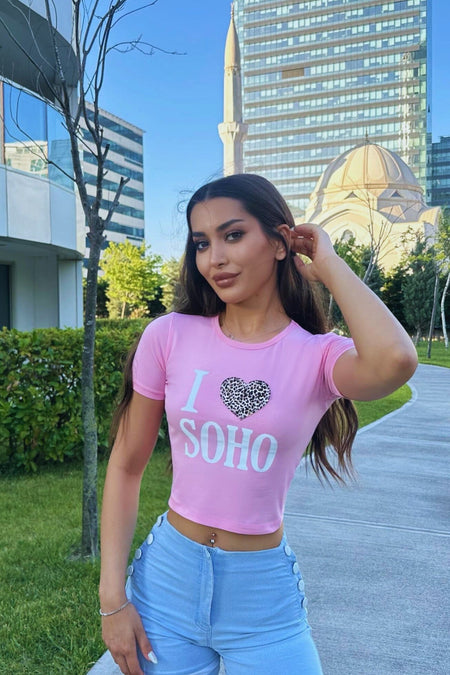 Women's Printed Lycra Crew Neck Crop T-Shirt Pink - MALLTURK