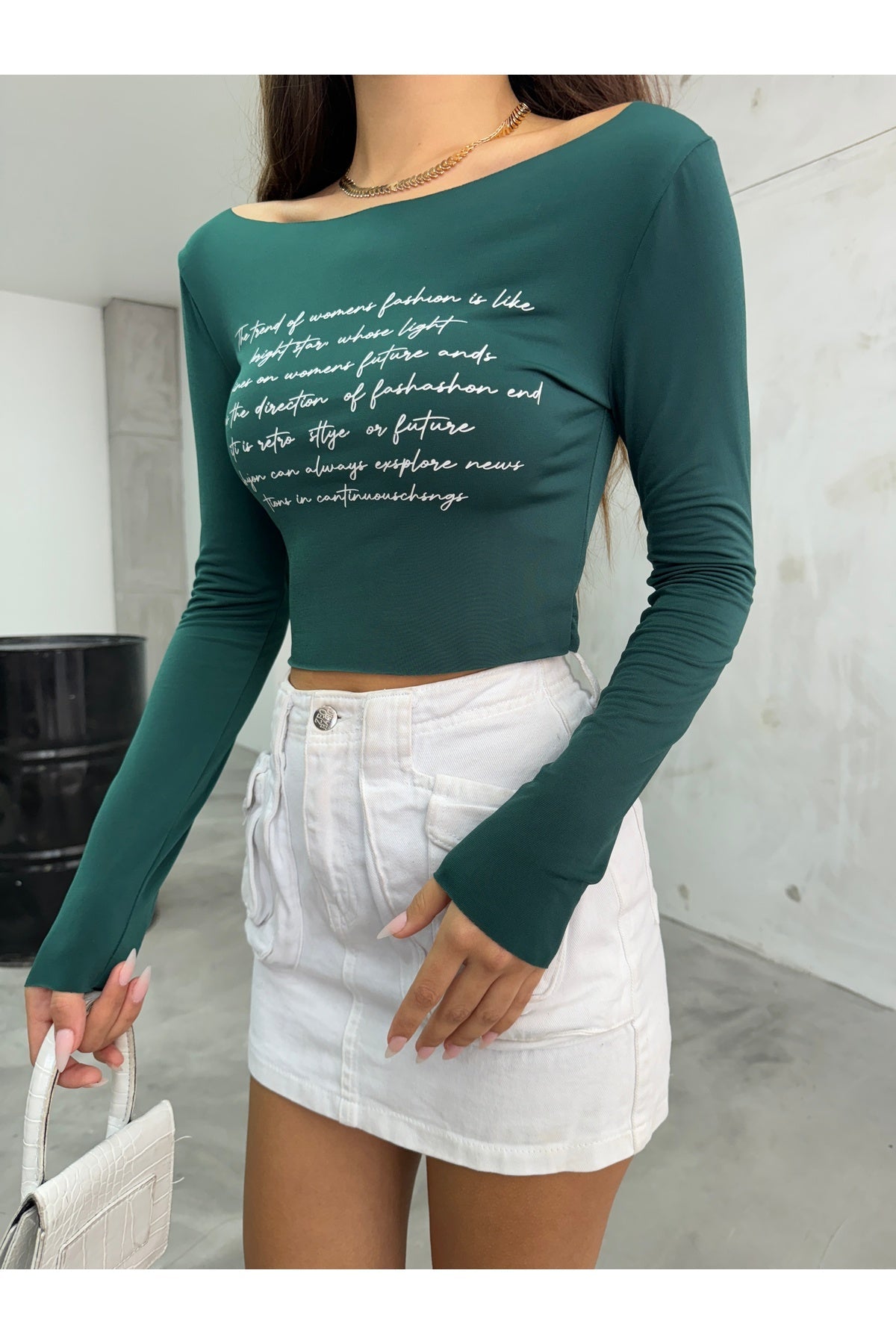 Women's Printed Stretchy Sandy Crop Blouse Green - MALLTURK
