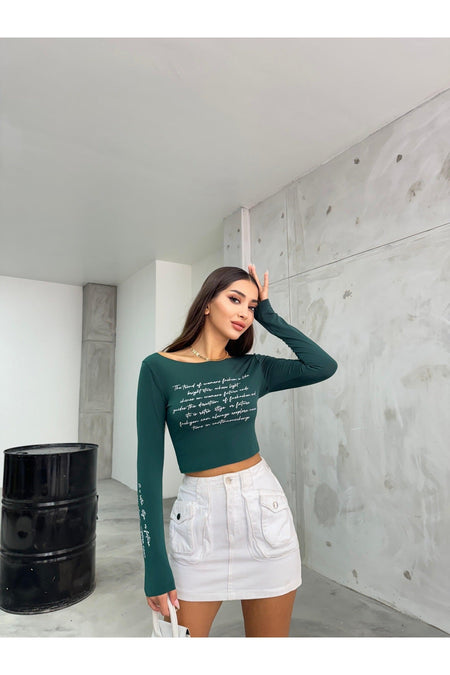 Women's Printed Stretchy Sandy Crop Blouse Green - MALLTURK