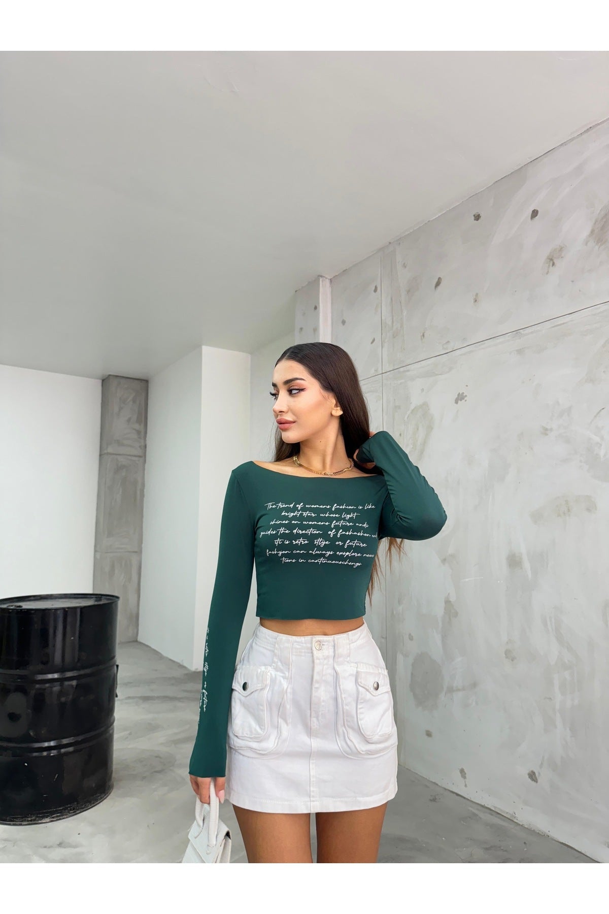 Women's Printed Stretchy Sandy Crop Blouse Green - MALLTURK
