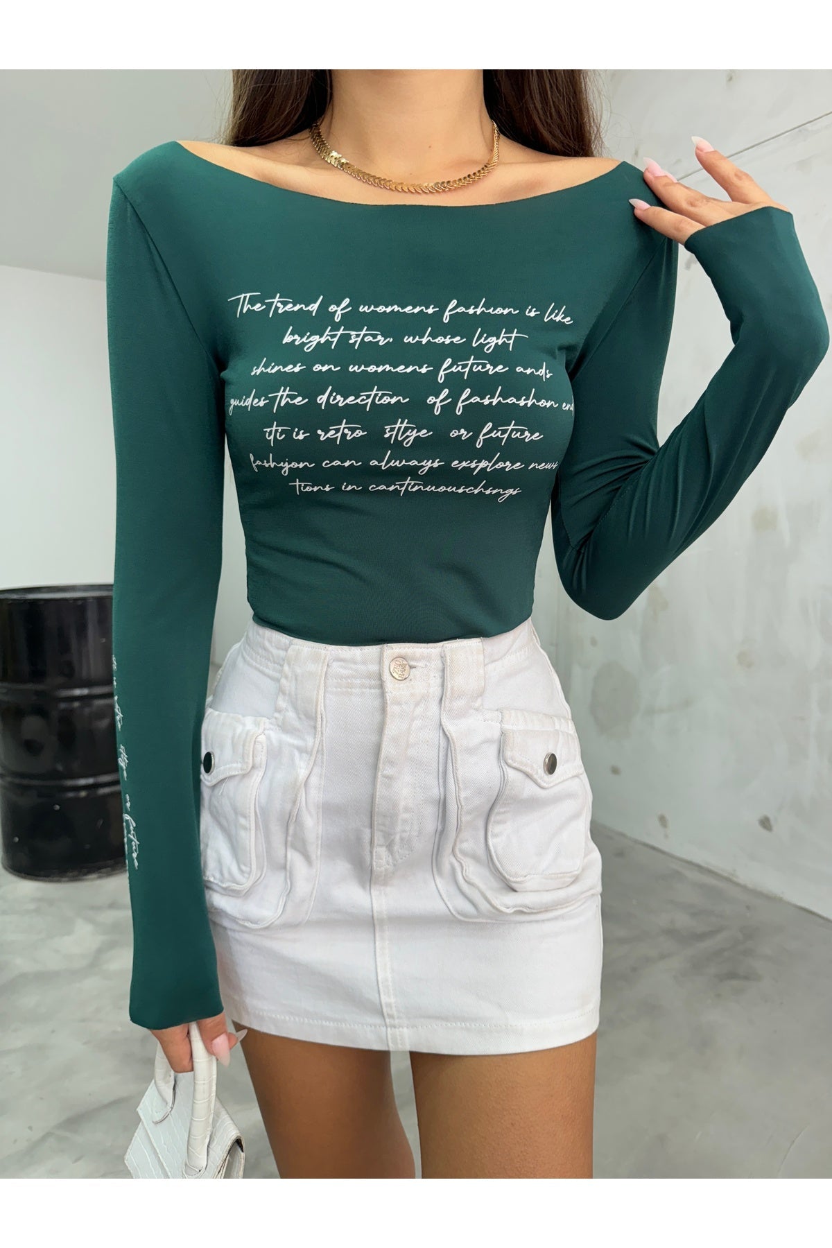 Women's Printed Stretchy Sandy Crop Blouse Green - MALLTURK