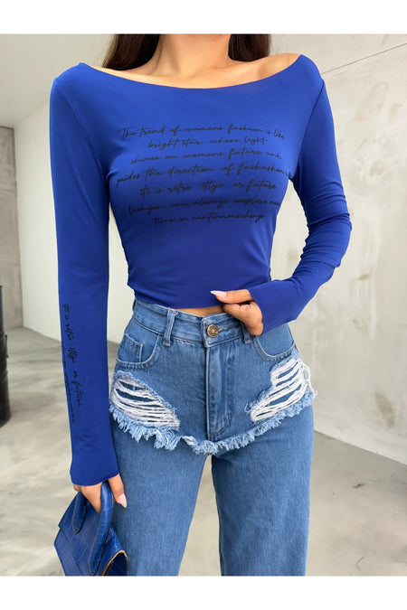 Women's Printed Stretchy Sandy Crop Blouse, Royal Blue - MALLTURK