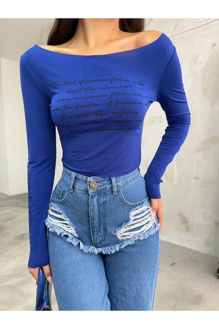Women's Printed Stretchy Sandy Crop Blouse, Royal Blue - MALLTURK