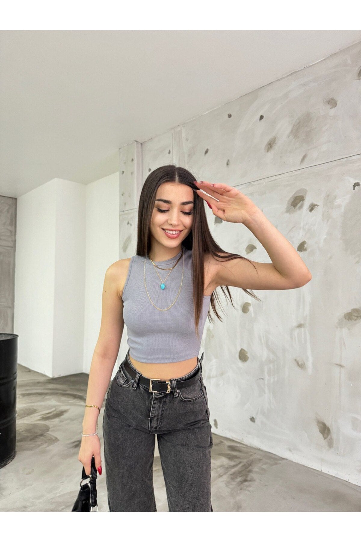 Women's Ribbed Crew Neck Back Window Detail Fitted Crop Top Blouse Grey - MALLTURK
