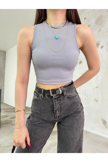 Women's Ribbed Crew Neck Back Window Detail Fitted Crop Top Blouse Grey - MALLTURK