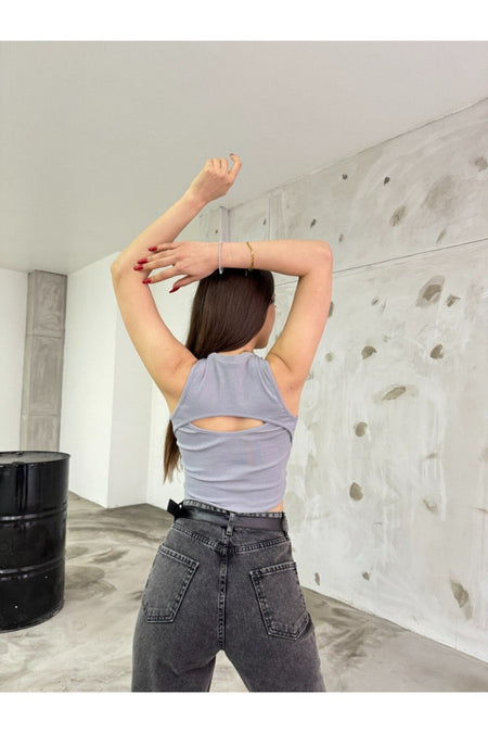 Women's Ribbed Crew Neck Back Window Detail Fitted Crop Top Blouse Grey - MALLTURK