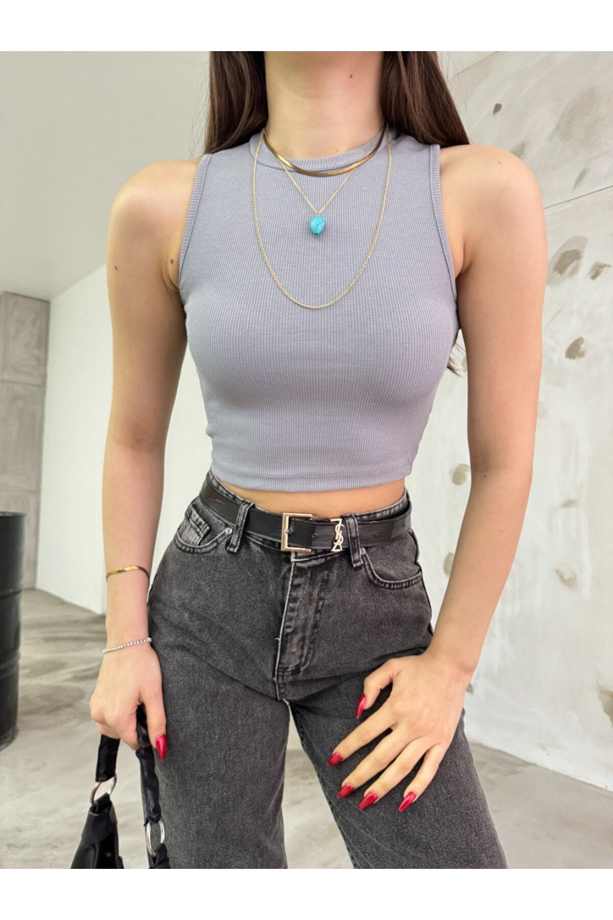 Women's Ribbed Crew Neck Back Window Detail Fitted Crop Top Blouse Grey - MALLTURK