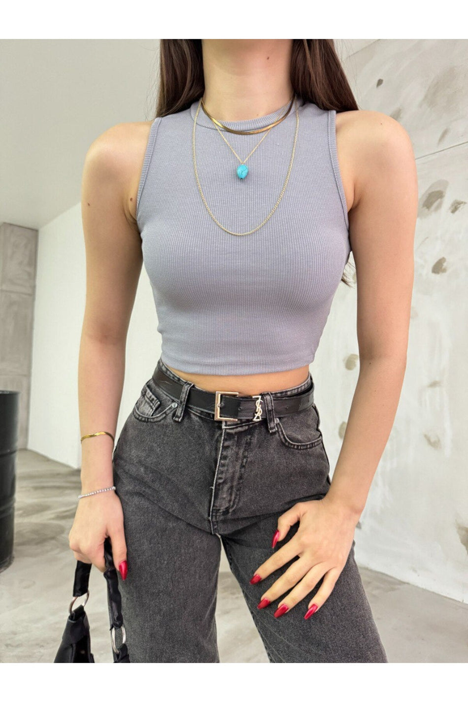 Women's Ribbed Crew Neck Back Window Detail Fitted Crop Top Blouse Grey - MALLTURK