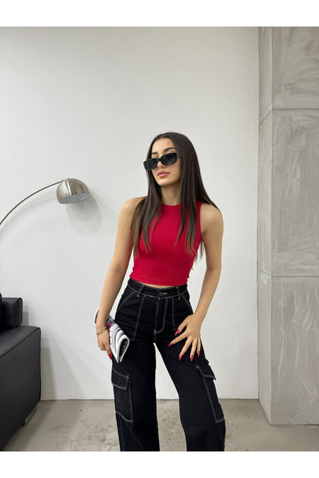 Women's Ribbed Crew Neck Back Window Detail Fitted Crop Top Blouse Red - MALLTURK