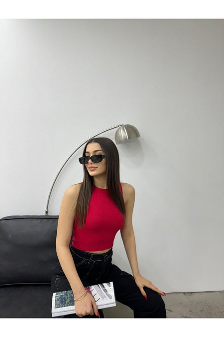 Women's Ribbed Crew Neck Back Window Detail Fitted Crop Top Blouse Red - MALLTURK