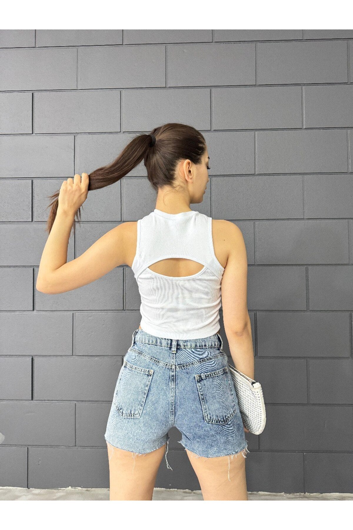 Women's Ribbed Crew Neck Back Window Detail Fitted Crop Top Blouse White - MALLTURK
